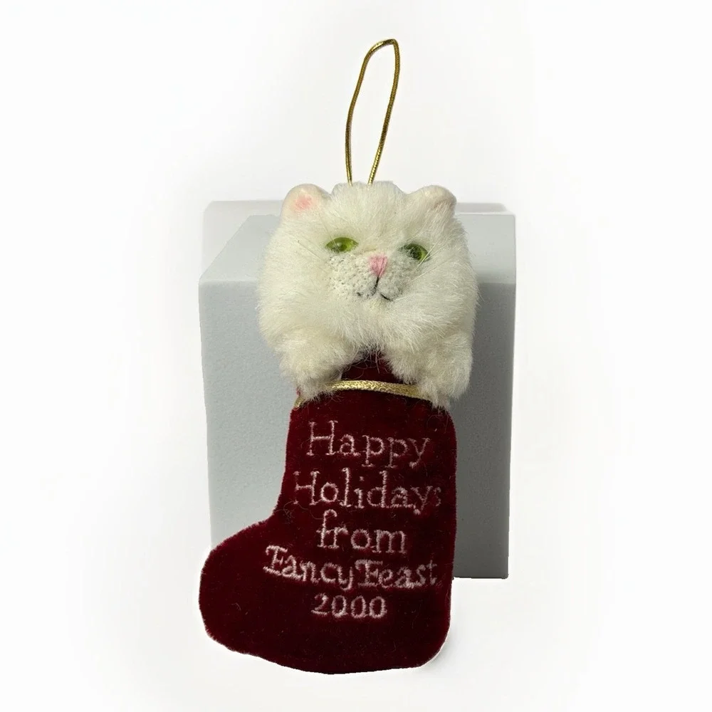 Fancy Feast Christmas ornament 2000 plush white Persian cat in stocking